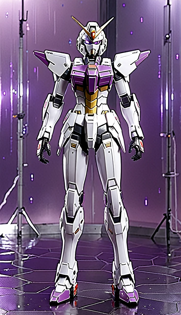 (Highest quality、8K、32k、masterpiece、Ultra-high resolution:1.2、Perfect Body Beauty:1.2、Wearing the Armor Gundam, a futuristic hero suit with a pale purple and white glow:1.5、rain、street、Cute 25 year old Japan woman、Simple Background、Looking at the audience、Dynamic pose:1.5, whole body