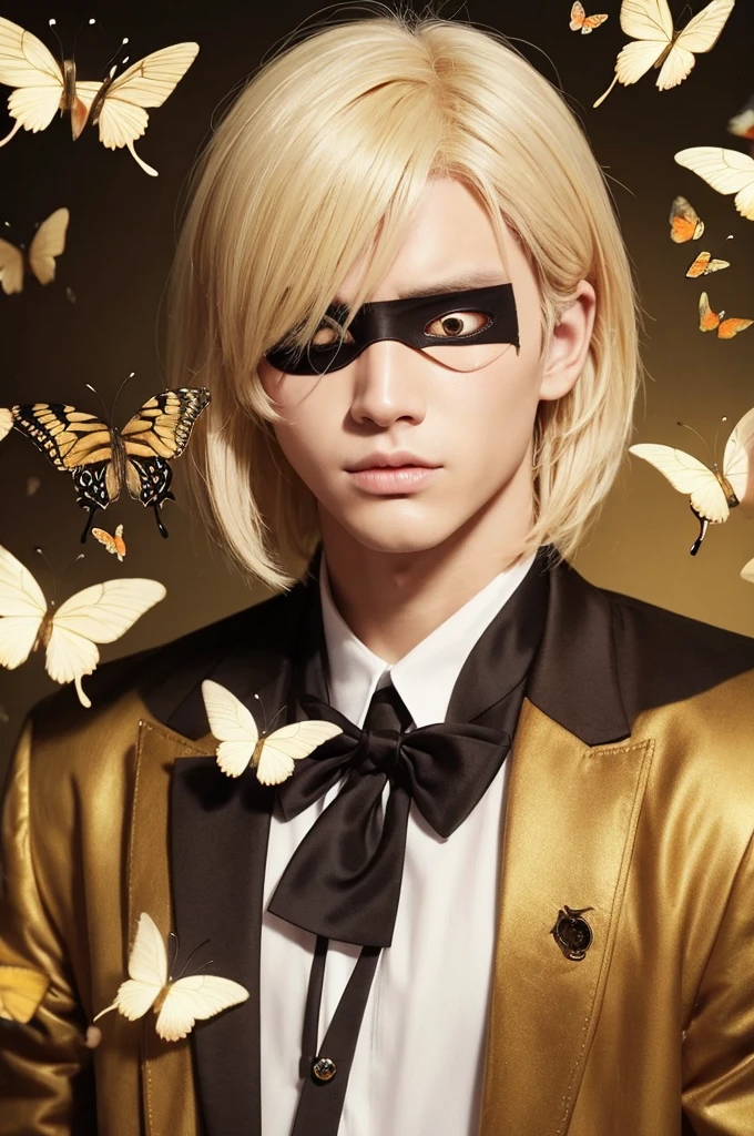 Cat with blonde hair and an eyepatch on his right eye、The left eye is gold and the background is mysterious、Butterflies are fluttering