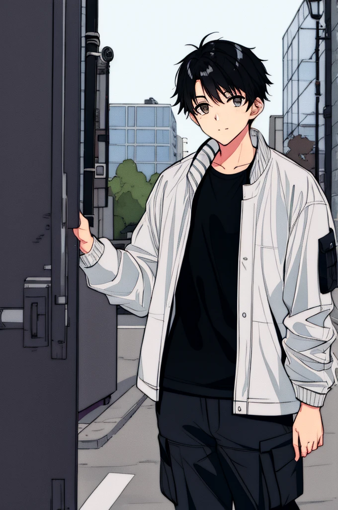boy, adolescent, black hair, gray eyes, wearing a white jacket, black cargo pants