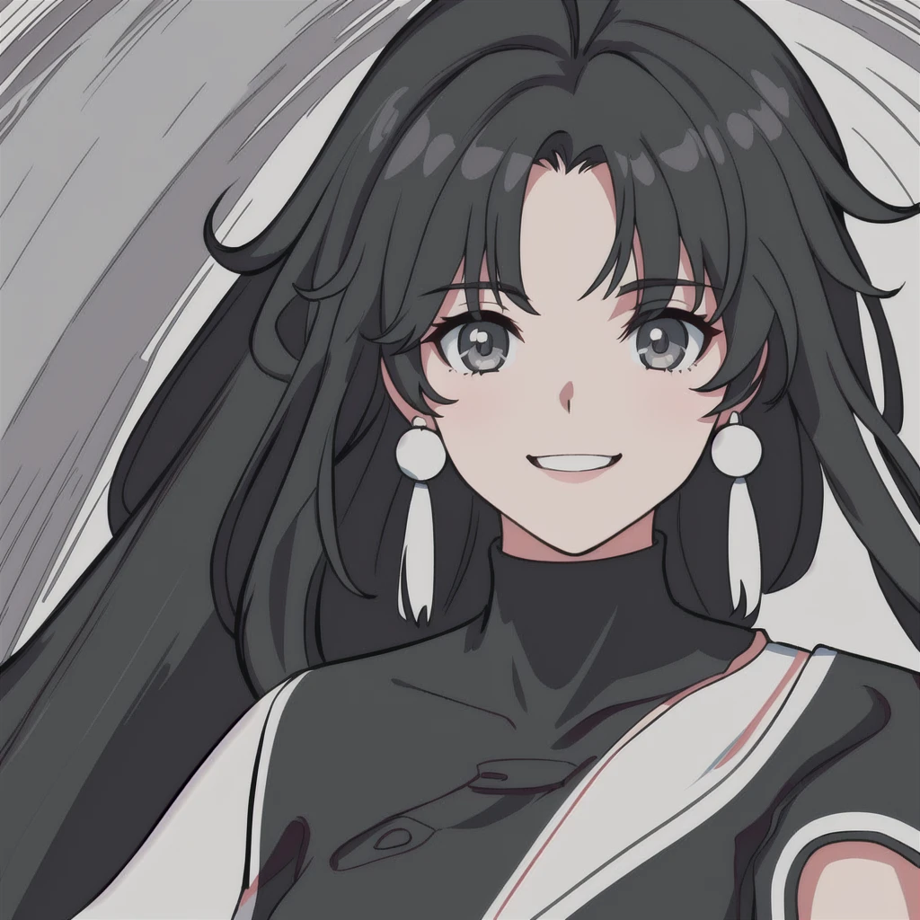 anime girl, smiling, black hair, white highlights, jianxin, wuthering waves, jianxin wuthering waves, grey eyes, white tank top, 1girl, masterpiece, (beautiful and aesthetic:1. 5), thick black lineart, clean lineart, perfect lineart, variable lineart, thick lineart, clean anime outlines, intense line art, bold lineart, sharp lineart, heavy lineart, line art, best quality, high quality, high details, super detail, best quality, ultra-detailed, colourful, saturated colours, dynamic lighting, HD,