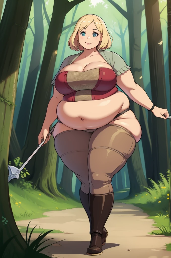 1woman, adventurer, medieval, walking through the forest , fat, smiling, curvy, wide hips, thick, fat ass,