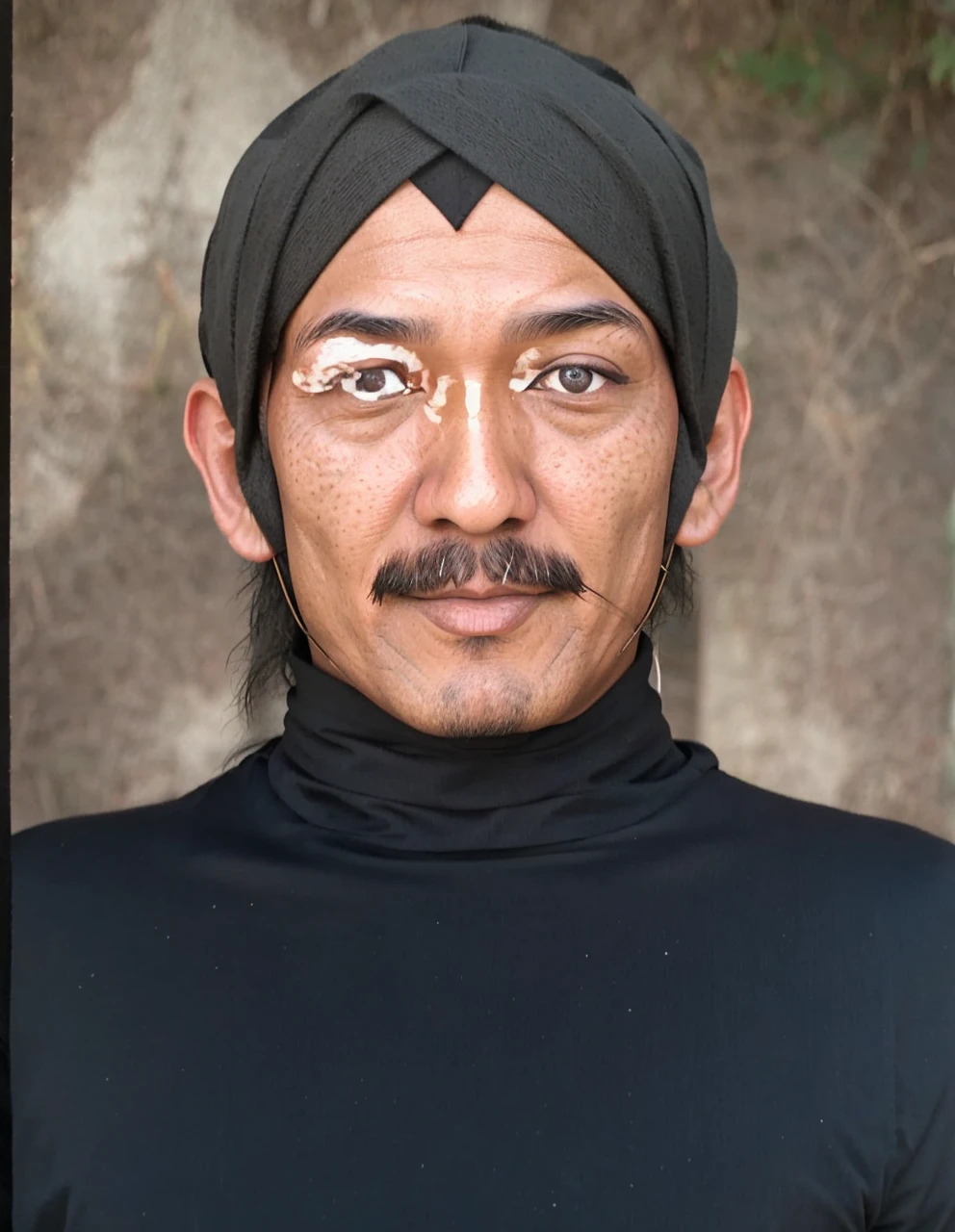 Indonesian Muslim man, aged 40 years or above, brown skin with wrinkles on the forehead, wearing Javanese ethnic clothing, thick mustache, slightly narrow eyes, realistic HD