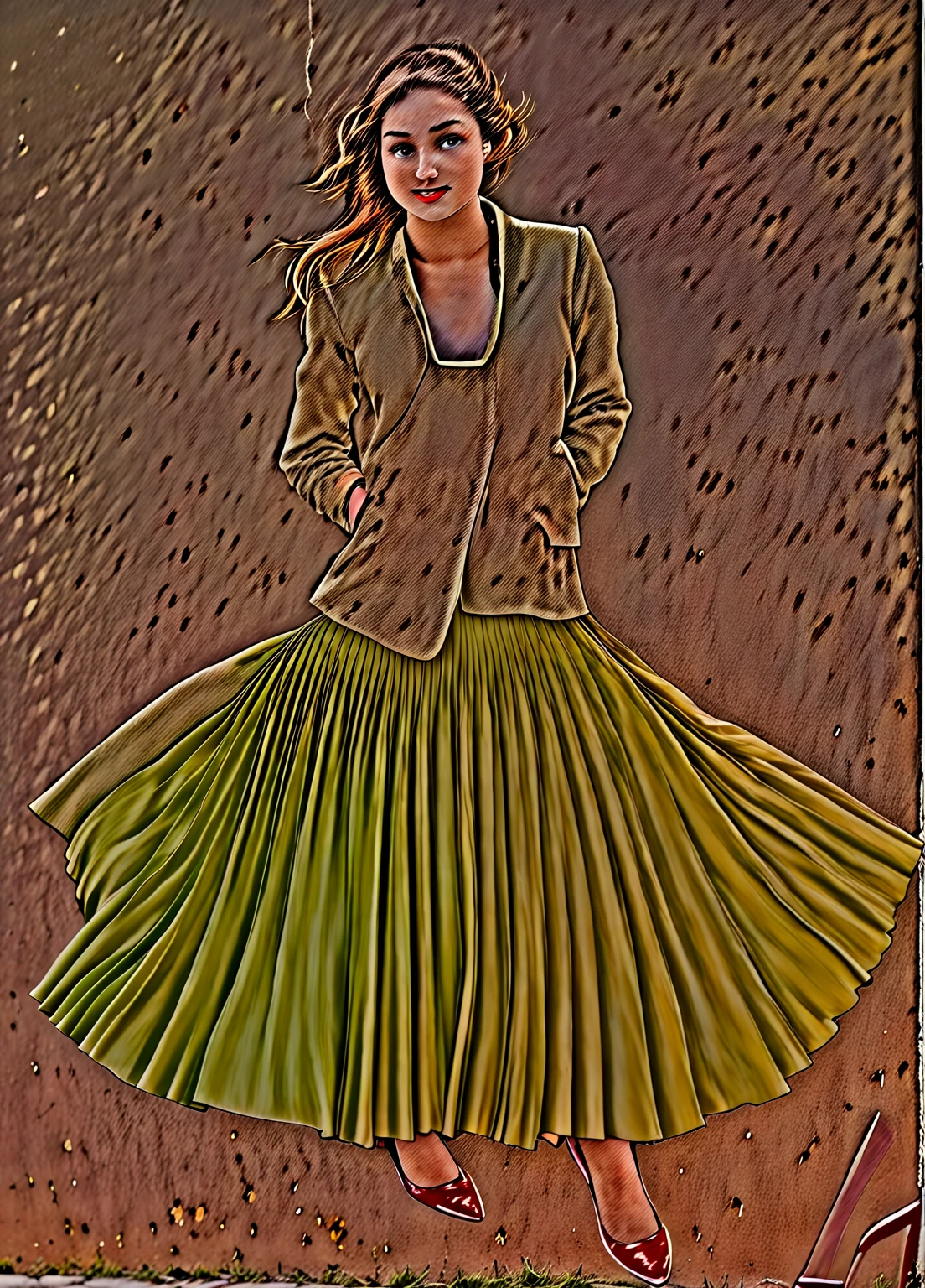 A smiling, authentic, (shy:1,3), kind, beautiful woman, is passionately in love with her skirt, wind wildly lifts her skirt, wearing uniform jacket and very, very detailed (long (fully pleated) full circle skirt) and (low heeled court shoes), very, very intricate hyper-detailed symmetric (attractive graceful young feminine face) with (sad, tired eyes and a loving smile), very voluptuous breasts, full of empathy and compassion and love, (pronounced (feminine) features), (highly detailed ultra accurate realistic) hands and fingers, (windy), epic composition, highly detailed attributes, (35mm f1.4 Kodak portra 400 photograph), extremely high quality RAW photograph, highly detailed atmosphere, sci-fi, cinematic shot, dynamic lighting, 75mm, Technicolor, Panavision, cinemascope, sharp focus, fine details, 8k, HDR, realism, realistic, key visual, film still, superb cinematic color grading, depth of field