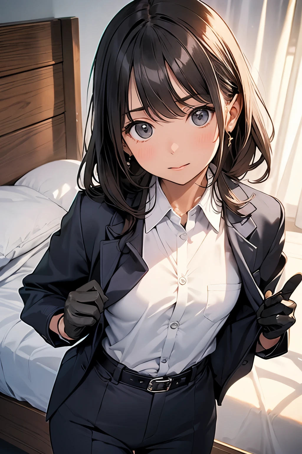 Spender Moderate breasts Small face holster Beautiful woman Lying in bed Looking up Sweat belt summer 脇Sweat Black Hole Gloves suit shirt Black jacket Black trousers Leg Links ズボンにbelt No bra