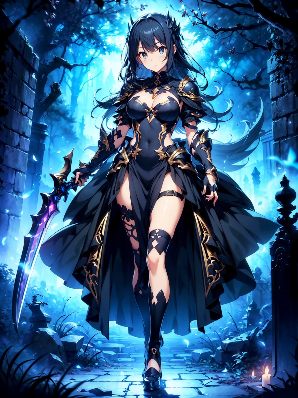 (((masterpiece, best quality, high detailed, 8k))) Design a layout showcase Gaming character, (1girl). Black|Gold clothes, stylish and unique. ((showcase weapon:1.4)), dark scythe. (masterpiece:1.2), (best quality), 4k, ultra-detailed. (Step by step design, layout art:1.5), (luminous lighting, atmospheric lighting). necromancer, ((glove full hands)), (((revealing clothes:1.3))), vambraces, armored legwear, (((full_body_shot:1.4))). {In a haunted graveyard}.