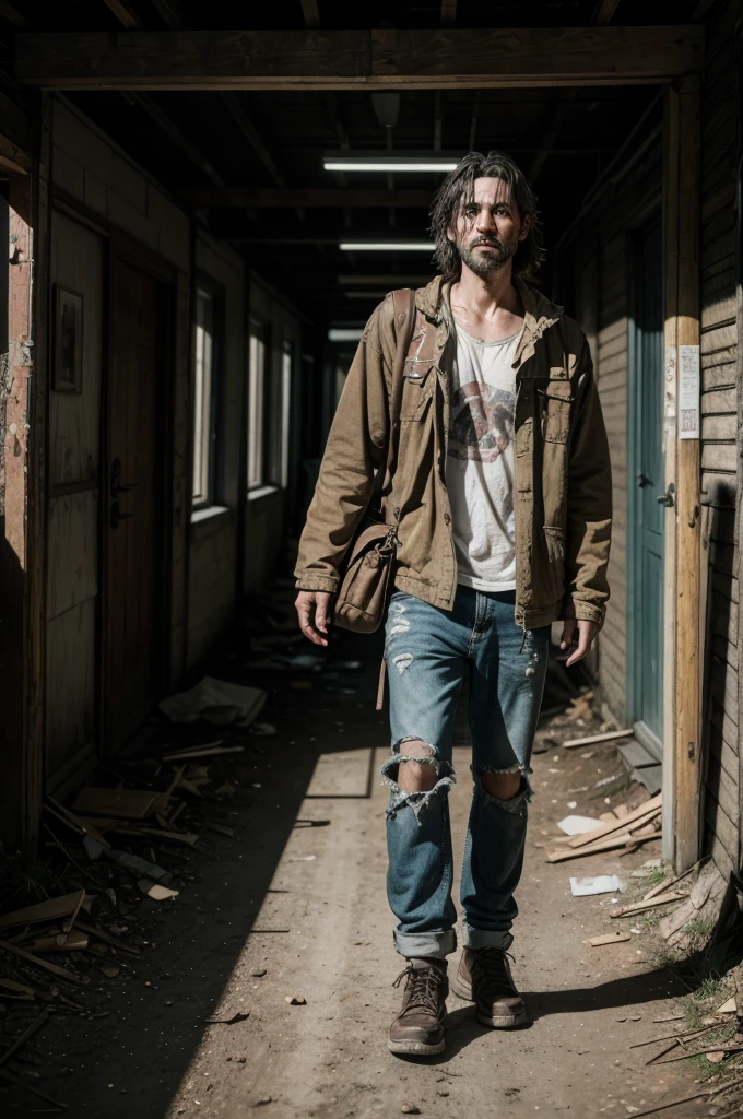 a wandering vagabond, weathered face, tattered clothes, hobo, rugged, gritty, adventure, exploring abandoned buildings, cinematic lighting, moody atmosphere, dramatic shadows, earthy tones, (best quality,4k,8k,highres,masterpiece:1.2),ultra-detailed,(realistic,photorealistic,photo-realistic:1.37),chiaroscuro,dramatic contrast,street photography, full body, holding a banelli m4 shotgun