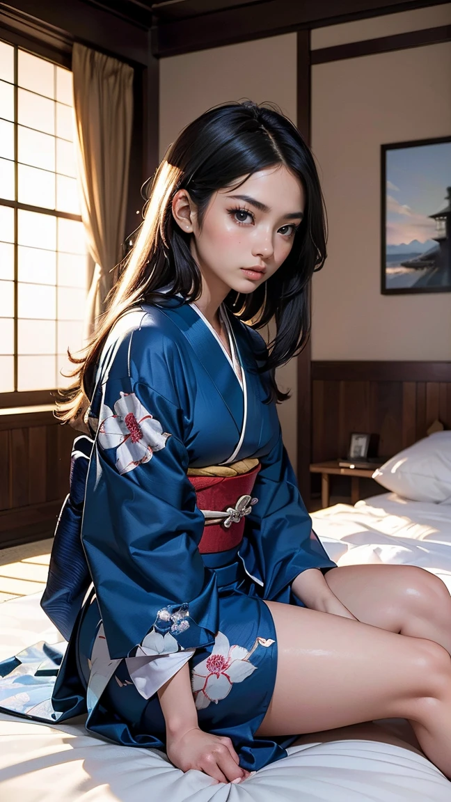 ((最high quality, 8K, masterpiece: 1.3, Ultra HD, high quality, 最high quality, High resolution, realism)) 、A stunningly beautiful 18-year-old Japanese woman, in blue kimono, beautiful, masterpiece, japanese room,sitting on a white futon bed, serious face