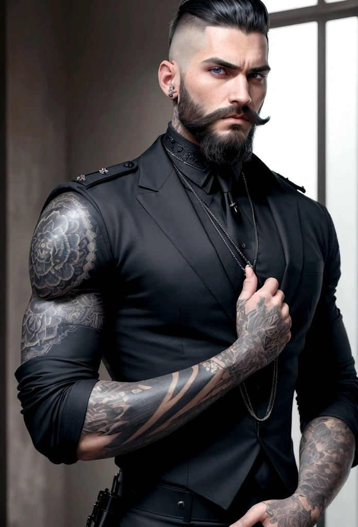 A man of 1,80m, with fair skin and military-style shaved hair, displays strong and striking features. His blue eyes are piercing, reflecting an almost hypnotic intensity. His arms and hands are adorned with intricate tattoos, that continue around the neck, suggesting a story rich in experiences. Wearing a perfectly tailored black dress shirt and black dress pants that complete his look, he exudes an aura of authority and mystery. The shallow beard complements his mafia style, giving it an air of dangerous sophistication.