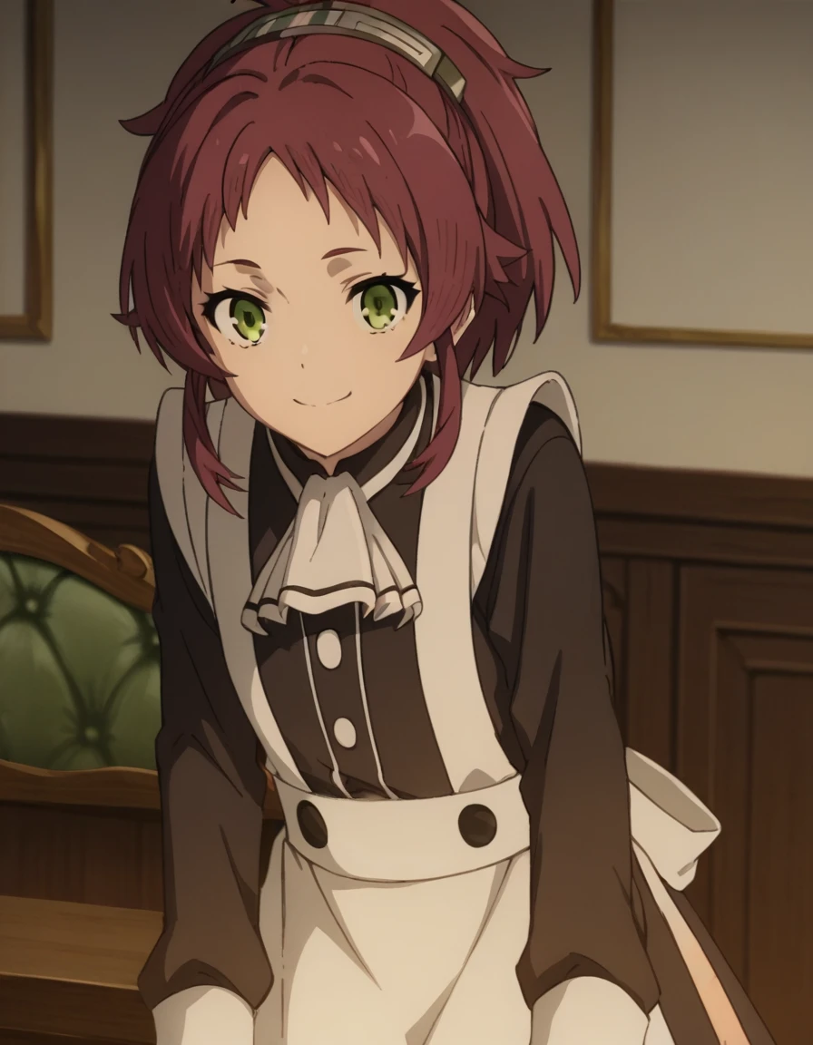 score_9, score_8_up, score_7_up, source_anime,
aishagreyrat, aisha greyrat, green eyes, ponytail, red hair,
long sleeves, apron, maid, ascot, white apron, white ascot,
indoors, bent over, smile,
solo, dutch angle, looking at viewer, cowboy shot,