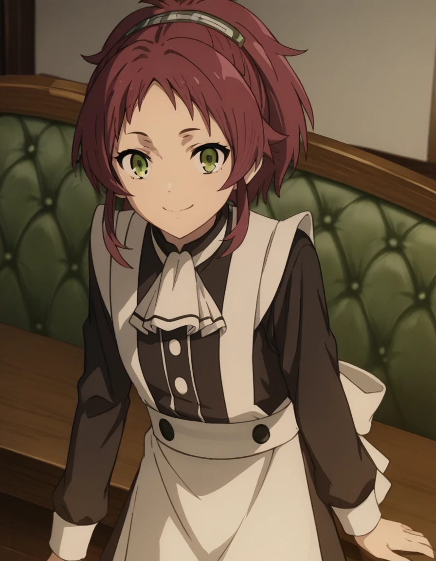 score_9, score_8_up, score_7_up, source_anime,
aishagreyrat, aisha greyrat, green eyes, ponytail, red hair,
long sleeves, apron, maid, ascot, white apron, white ascot,
indoors, bent over, smile,
solo, dutch angle, looking at viewer, cowboy shot,