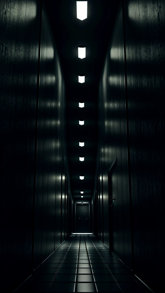 A dark hallway, straight line, very dark, almost pitch black, 3d render, Unreal Engine 5, detailed, 4K