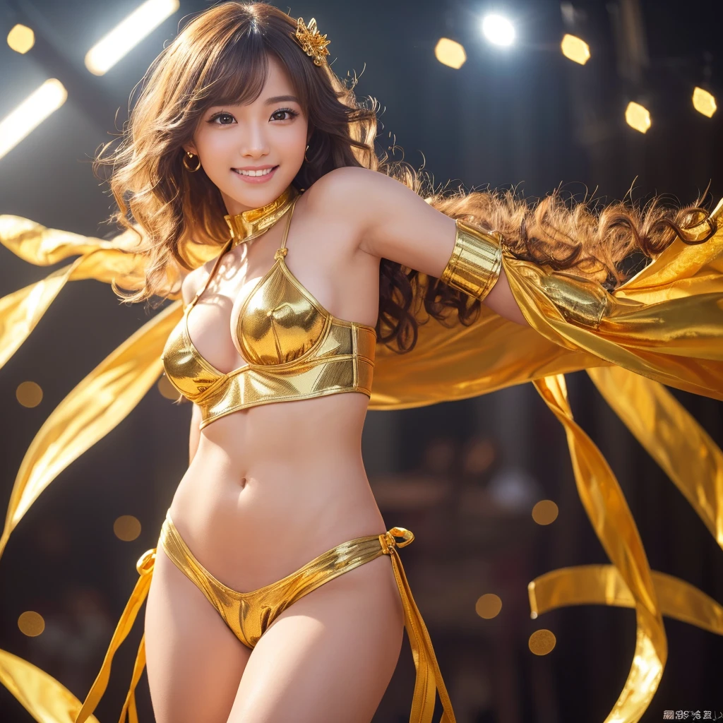 Frontal portrait of a woman、((((Crotch covered with shining golden pubic hair、Crotch hidden with shining golden pubic hair、(((rating explicit 1.8)))))))、Highest quality、Rear View、Perfect Anatomy、8K, clear, (((Shining Golden and wide pubic hair 1.9)))、Fine skin、clear, Beautiful Eyes、Cleavage、A relaxed and natural smile、whole body、Curly Hair、(My hair was messed up by the wind)、The beauty of a smile、(Attractive muscles、expensive), 金のPrincess,( Observe the audience),Elaborately decorated armor,Blonde,ponytail,bangs,Princess, White and red breastplate, Super Beauty),(Bokeh), (Detailed face),Gold ribbon,((Black gal)),((Put your arms behind your back)),(Bokeh),(Studio Lighting)