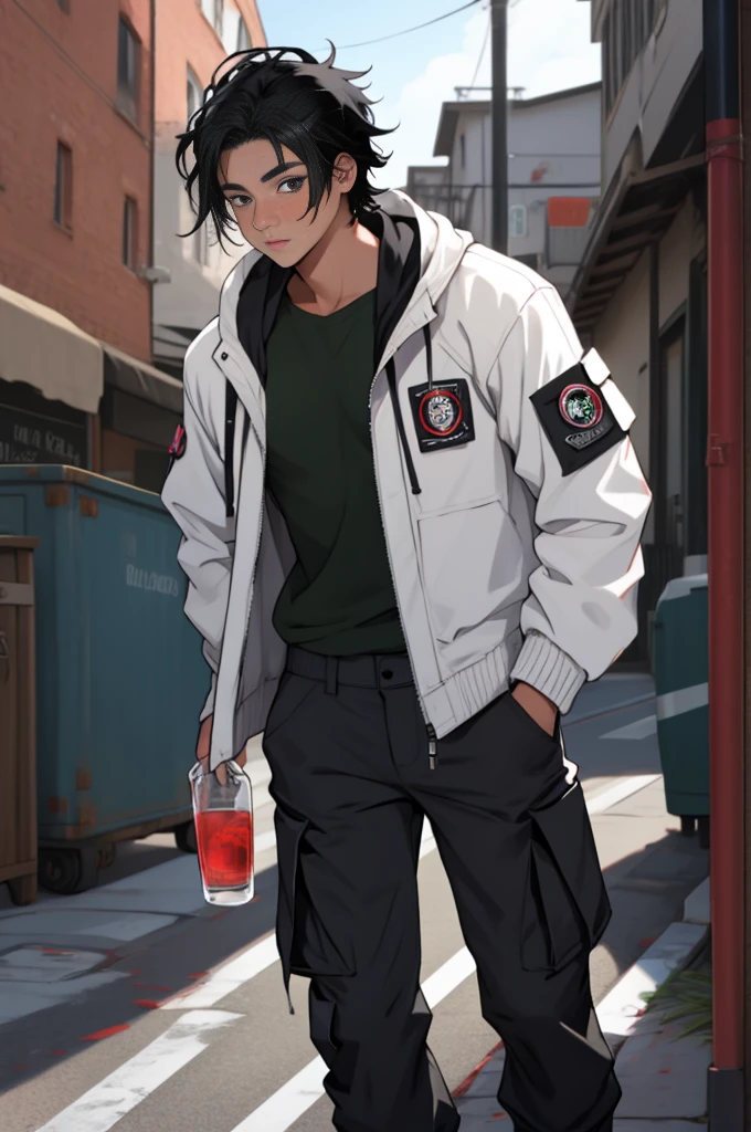 boy, adolescent, black hair, gray eyes, wearing a white jacket, black cargo pants