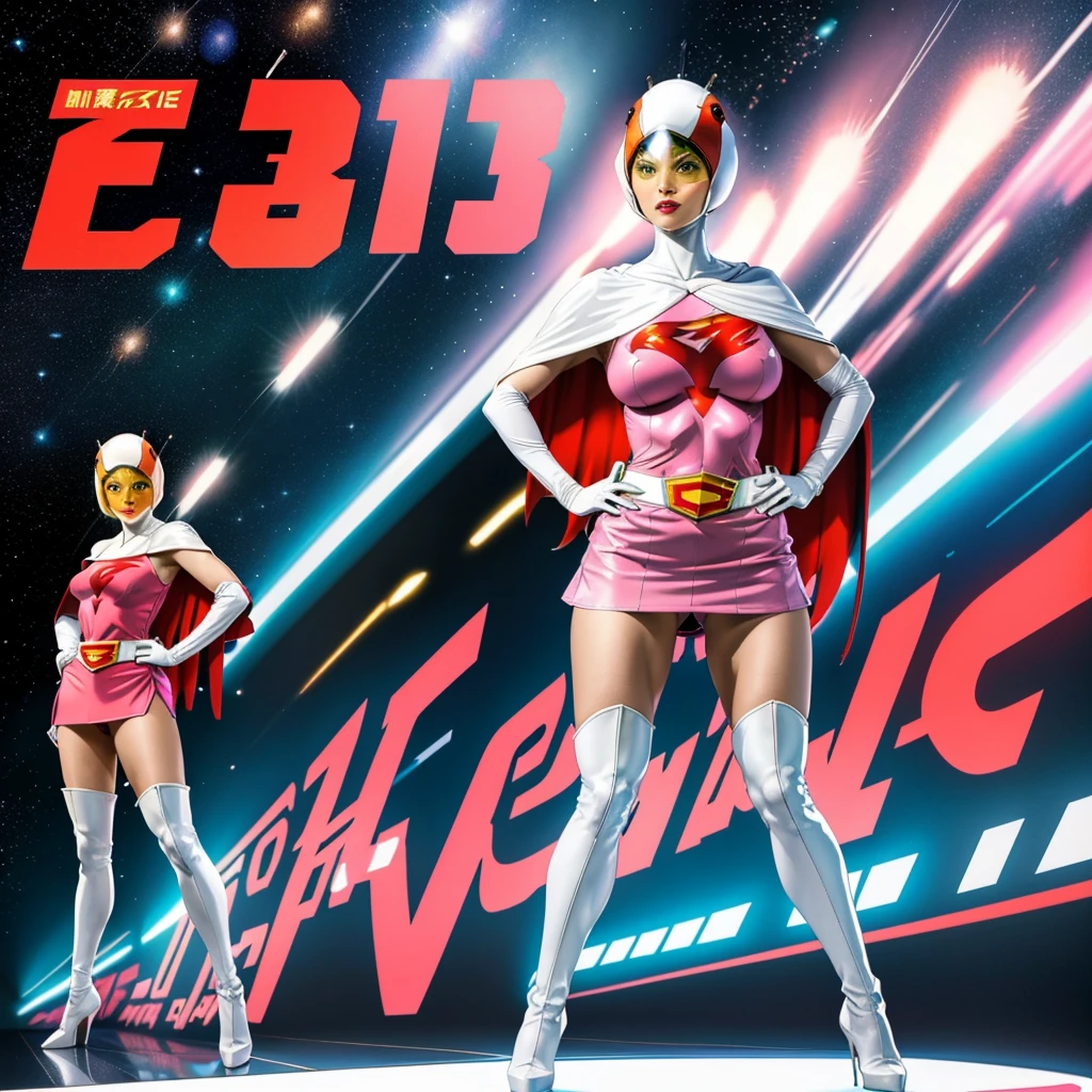 ANI_CLASSIC_jun_gatchaman_ownwaifu,1girl, 15 years old,good anatomy, masterpiece, best quality,realistic, hyperrealistic, 16k hdr,breasts,green eyes,lips,large breasts,lipstick,makeup,gloves,cape,helmet,belt,elbow gloves,white gloves,mask,ultra miniskirt,leotard,spacesuit,white tight overknee highheels boots,pink dress,superhero,bodysuit,cleavage,erected nipples,((stand pose,hands on hip,view from below)),cameltoe