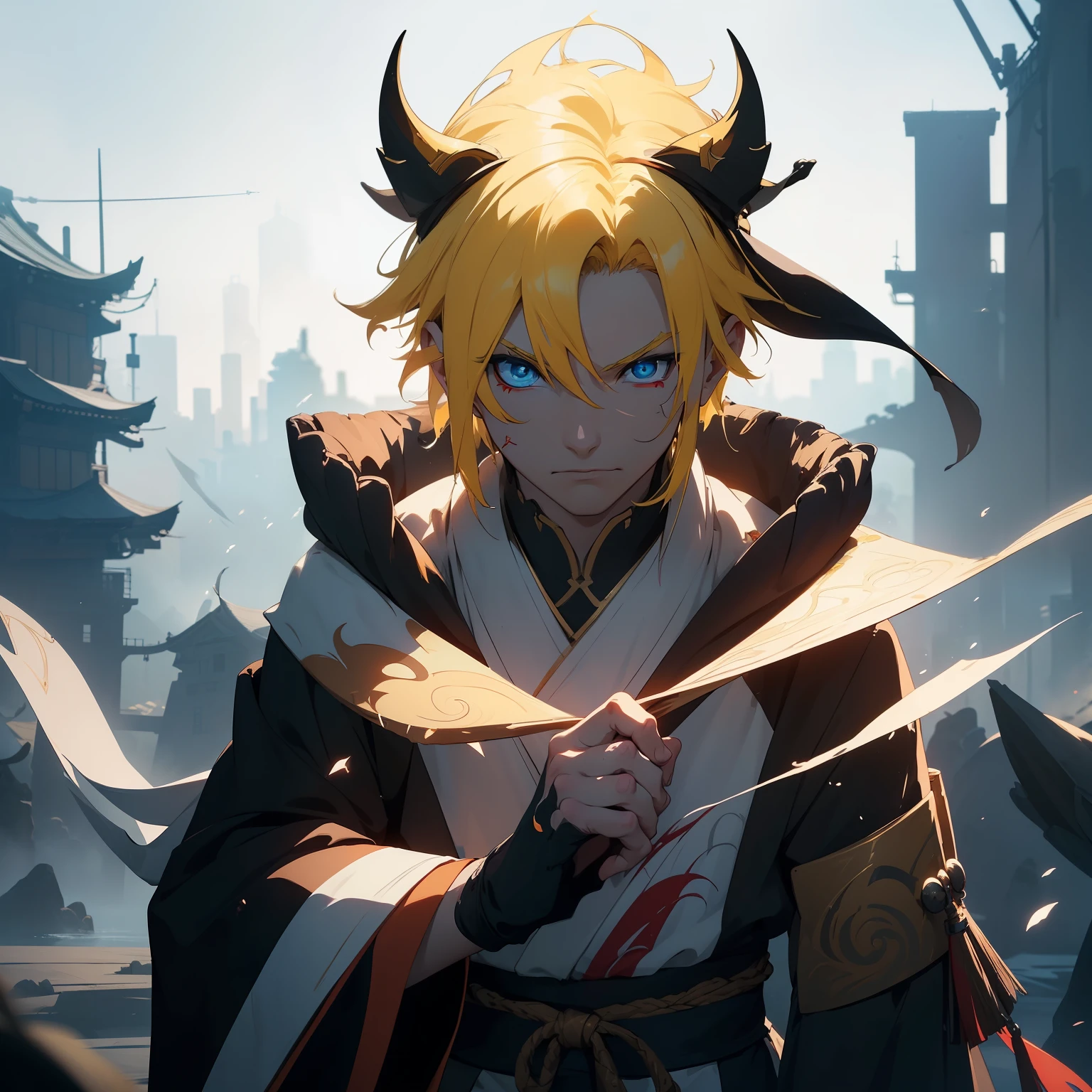 ((Onmyoji theme)), (in 8K、top-quality、masterpiece:1.2)、Vampire、Cyberpunk men、fantasy worlds、dark backgrounds、Clean design、Magnificent Instagram、art stations、Colorful paint splatter、silhuette、Ultra-detailed intricate details、unrealengine、Fantasia、intricate detailes、Splash Screen、Complementary color scheme、Fantasy concept art、an oil painting、heavy strokes、Paint dripping、(isolated on white:1.3)、Rainbow skin、(((Handsome young man)))、(glowingblueeyes)、 ((Bright eye)), (( Spiky Hair, Yellow hair:1.1))), ((Black Millitary Coat)), (prinz\\(indifferent look\\),(Wearing a luxurious black robe with high detail))), Yellow-haired, Frost Rune magic, ((Wizard)).