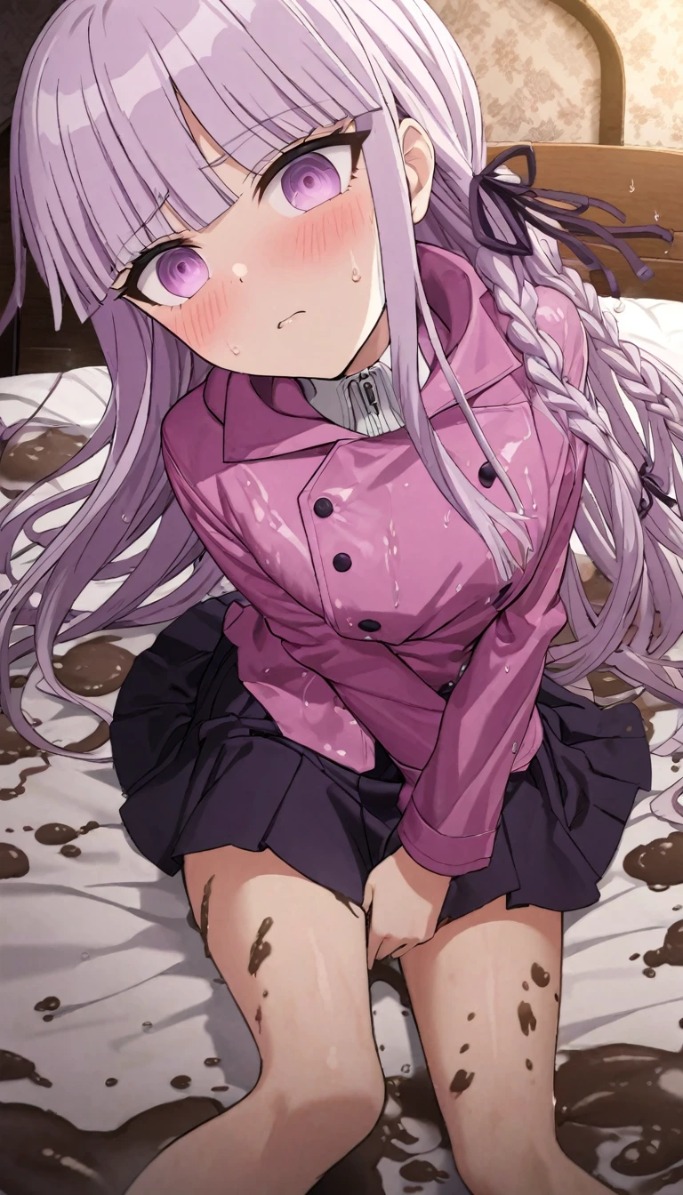 (masterpiece), (best quality), (ultra-detailed), wallpaper, highest quality, (an extremely delicate and beautiful), 1girl, illustration, dynamic angle, cowboy shot, (kyoko kirigiri), long light purple hair, focus on eyes, (shiny pink raincoat), (mud dripping on clothes), (mud splattered on clothes), (smearing mud on raincoat), (drenched in mud), buttoned raincoat, detailed eyes, black pleated skirt, looking up at viewer, laying on bed, bedroom, white sheets, white pillows, embarrassed expression, blushing, shy, perfect anatomy, kyouko kirigiri, long hair, bangs, ribbon, purple eyes, hair ribbon, purple hair, braid, single braid, side braid