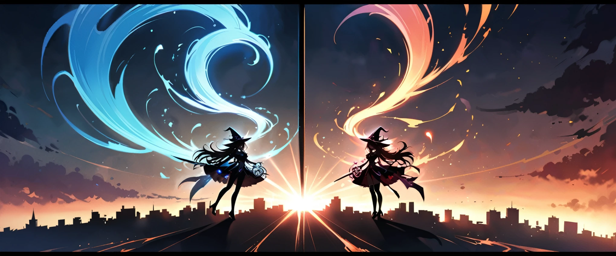 a powerful magical witch from outer space, dramatic split screen, Thierry Mugler style, stunning sunrise and serene hazy moonlight, a hazy cityscape, ethereal aura, Japanese anime style, (dark atmosphere:1.2), (extreme shadows:1.2), (witch in shadows:1.2)，Special magic effects，Magic Circle，