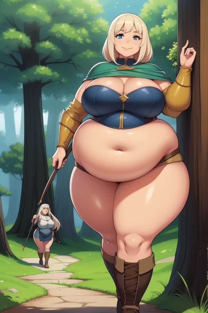 1woman, adventurer, medieval, walking through the forest , smiling, curvy, wide hips, thick, fat ass,