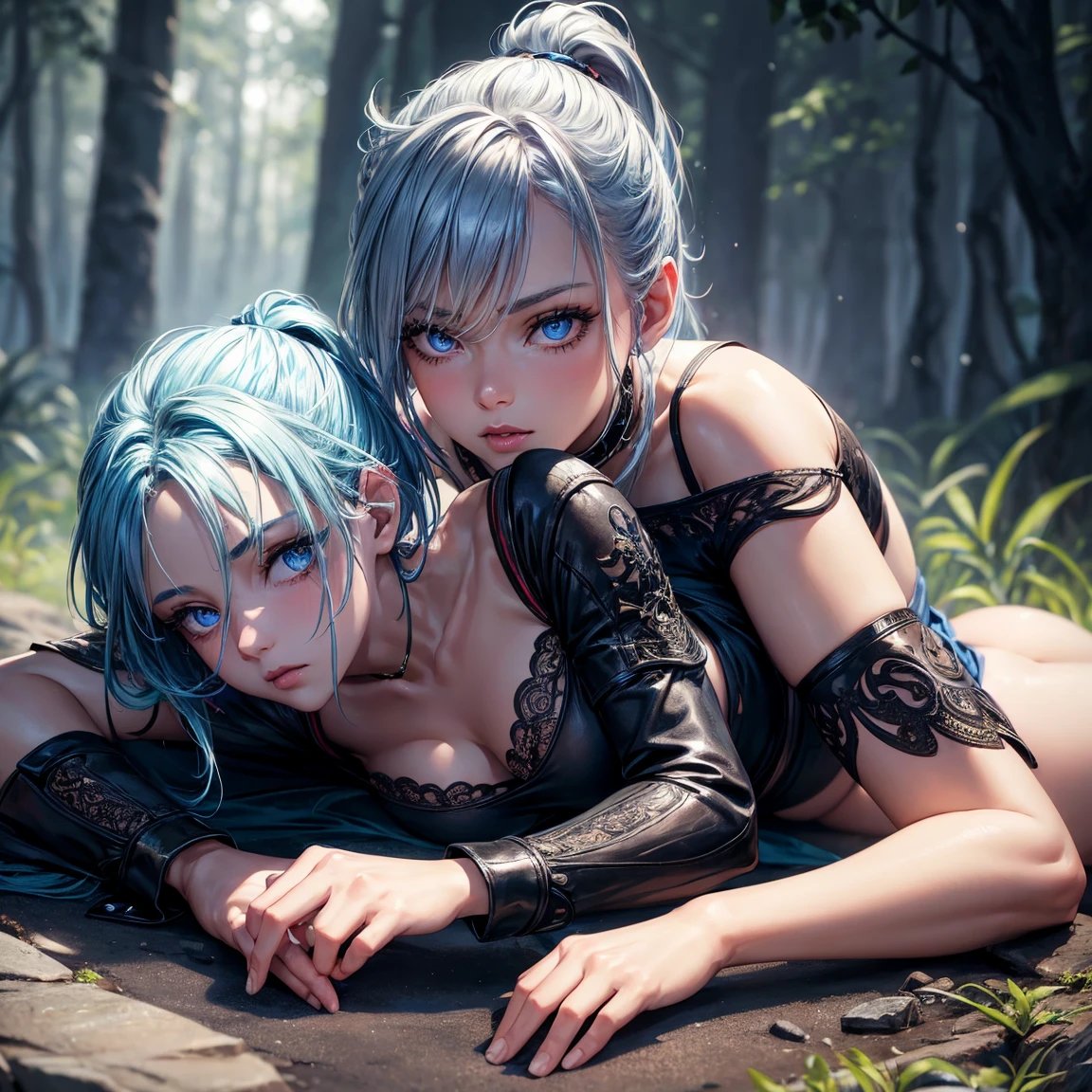 a young girl!, 1girl, light blue short ponytail hair, light blue hair!!!, very small breasts!!, blue eyes, little black tight top, little black tight shorts, full body, full body, lying on ground, night dark forest, incredibly sexy body, detailed face, beautiful detailed eyes, beautiful detailed lips, extremely detailed eyes and face, long eyelashes, intricate details, detailed clothing, intricate details,highly detailed, photo realistic, 8k, best quality, masterpiece, cinematic lighting, dramatic lighting, vibrant colors, fantasy, digital art, concept art