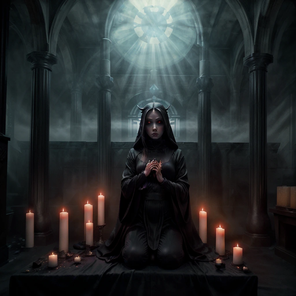 (very sharp result, cinematic desaturated photo) (((dramatic shading))), (((Best Quality))), (((masterpiece))) (((hyper realistic photo))) in starwars universe, gloomy sacred horror magical mood, dramatic backlight shadow, wide view of a sith temple, gothical room ambience, there`s many high priestess japanese girl in black cult hoodie, during a sacrifice ritual, pale skin, mysterious sinister bright red eyes sit at the centre of ritual altar, surrounded by high priestesses