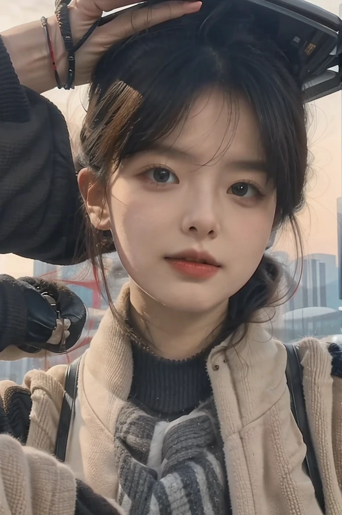 a futuristic woman seeing the elite from the sky