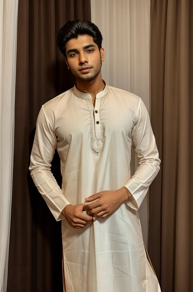 Front view of young man  singing front of mic , man wearing a Indian kurta , at the room , lamp , dark brown curtains , white walls , at night time 