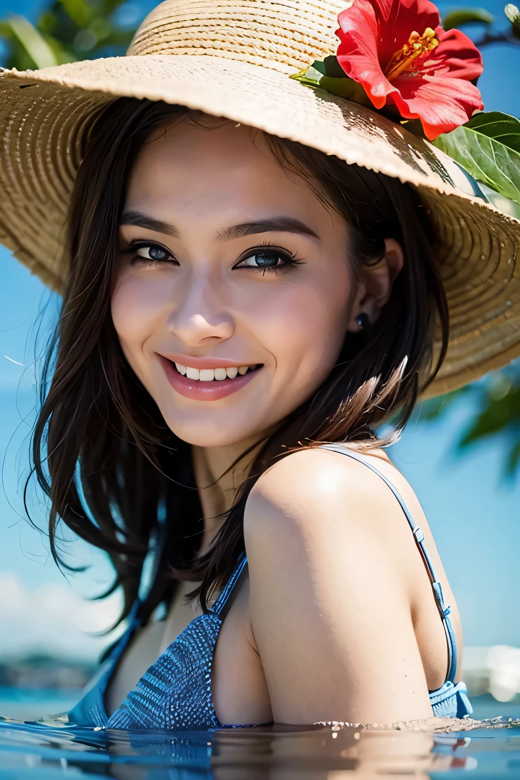 happy, smiling, flowers by the water on a tropical beach, wallpaper, beautiful flowers, screen capture, heaven, ghost festival, hibiscus, blue sky, cute :2, Okinawa Japan, rapids, romantic!!!, beach photo, because, honey, peace, wallpaper - 1 0 2 4, photography, photorealism, Mark English, dark haired woman, smiling, wearing a red micro bikini, David Mack, deep colors and dark shadows, Jean-Sebastian Rosbach, HD mixed media collage, illustration, beautiful colors, woman in hat, detailed face with red lips, Russ Mills, red and blue, ((very beautiful face close-up))