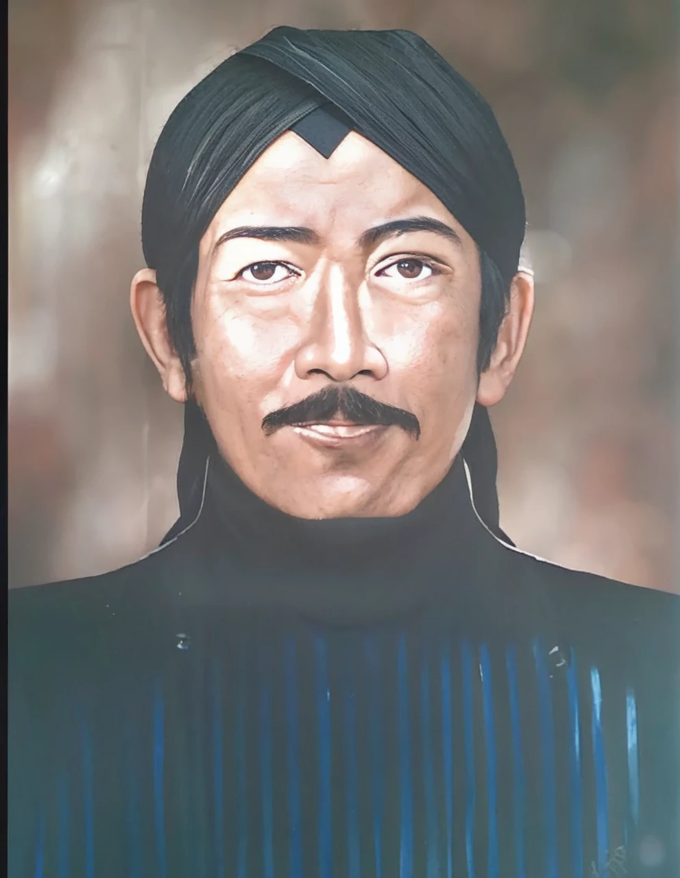 Indonesian Muslim man, aged 40 years or above, brown skin with wrinkles on the forehead, wearing Javanese ethnic clothing, thick mustache, slightly narrow eyes, realistic HD