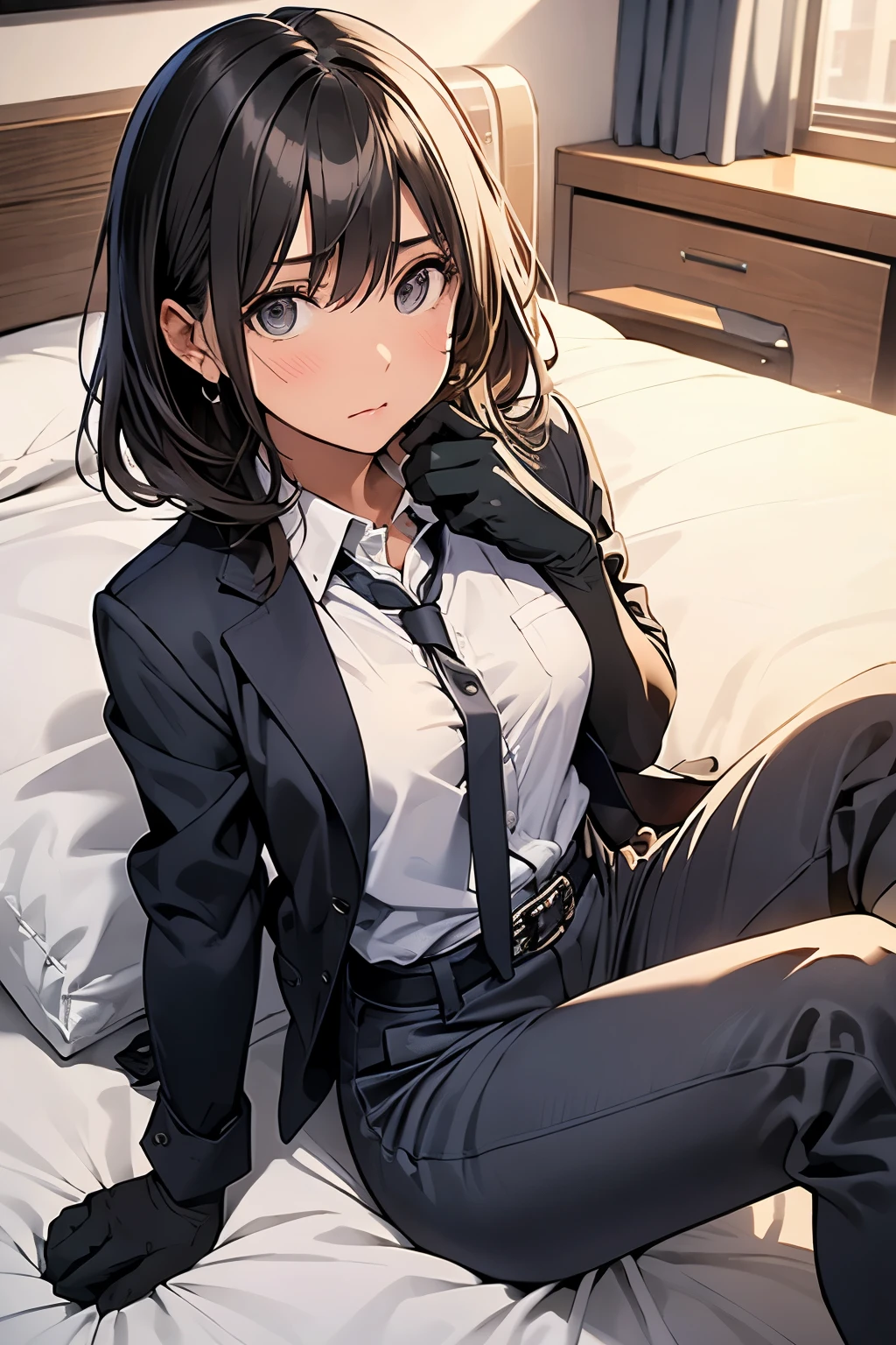 Spender Moderate breasts Small face holster Beautiful woman Lying in bed Looking up Sweat belt summer 脇Sweat Black Hole Gloves suit shirt Black jacket Black trousers Leg Links ズボンにbelt No bra