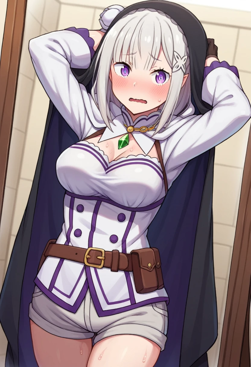 score_9, score_8_up, source_アニメ,Big Breasts,kiwi-default,purple eyes,empty eyes,grey hair,,stockings,High leg,latex,tie,garter belt,High heels,Nipple Covers,Apron,Showing off,The whole body is shown,Expressionless,Front opening,Squat