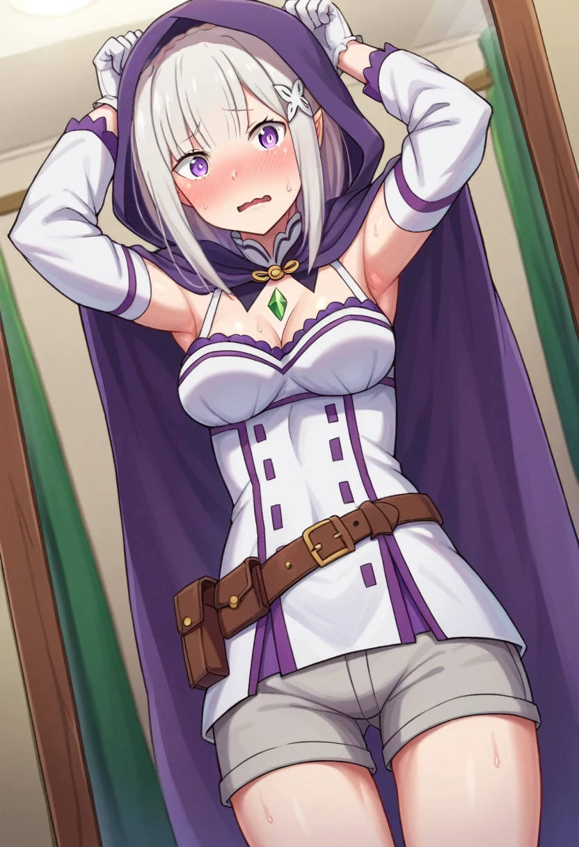 score_9, score_8_up, score_7_up, score_6_up,
BREAK
source_anime,
BREAK
1girl, solo, dutch angle, cowboy shot, thighs, 
emilia \(re:zero\), medium breasts, purple eyes, 
arms up, 
looking at viewer, parted lips, blush, sweat, nervous, wavy mouth, full-face blush, 
mirror,  
 ddef, hooded cloak, grey shorts, tactical clothes, gloves, long sleeves, belt, 
BREAK
neodark,