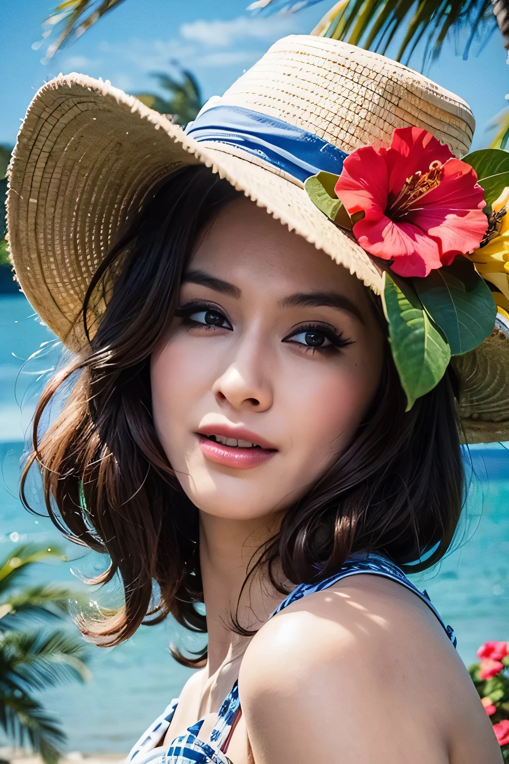 happy, smiling, flowers by the water on a tropical beach, wallpaper, beautiful flowers, screen capture, heaven, ghost festival, hibiscus, blue sky, cute :2, Okinawa Japan, rapids, romantic!!!, beach photo, because, honey, peace, wallpaper - 1 0 2 4, photography, photorealism, Mark English, dark haired woman, smiling, wearing a red micro bikini, David Mack, deep colors and dark shadows, Jean-Sebastian Rosbach, HD mixed media collage, illustration, beautiful colors, woman in hat, detailed face with red lips, Russ Mills, red and blue, ((very beautiful face close-up))