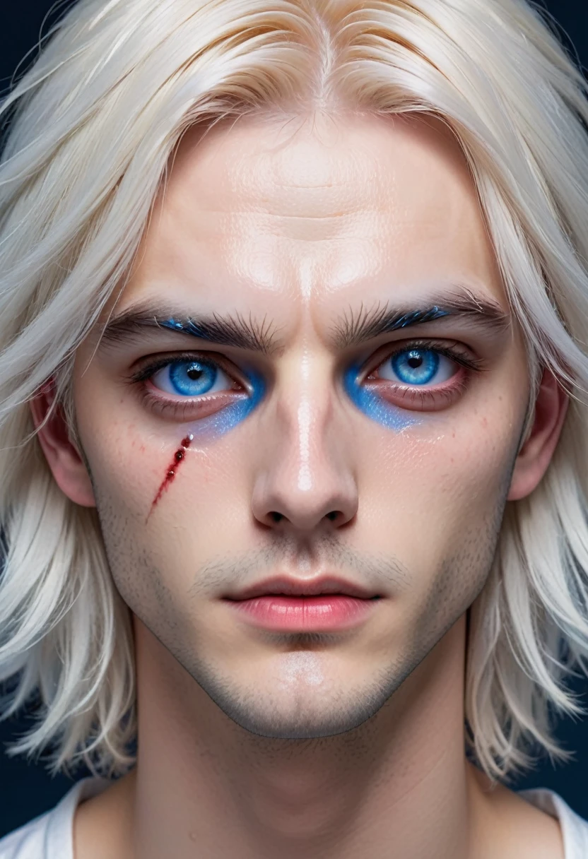 Seraphim,((male)), sexy male, fluffy shoulder-length hair, white platinum blonde, ((heterochromia red-blue)), ((long square face)), thin lips, ((two strands of different shades of blue and red), ((tired eyes with small bruises)),((scar along the face from lip to middle of cheek)), ((ultra quality)), ((8k)), detailed,Realistic,a scar in the middle of the face, a scar on the face, a scar on the lip.