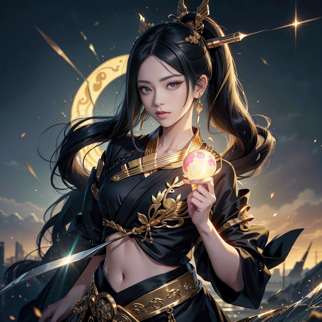 watching at viewers、Ancient capital and moon in the background、poneyTail、Woman with shiny black hair、{{{Luxury kimono(Black kimono(Detailed golden embroidery,))}}}、face perfect,Depict a beautiful and graceful woman of Japan。Heart in the eye。full body Esbian。 Beautiful anime art wallpaper 8k, beautiful fantasy anime, Beautiful anime, Detailed anime artwork.Blur the background with a sickle, nuked,((masutepiece)), ((Best Quality)) 