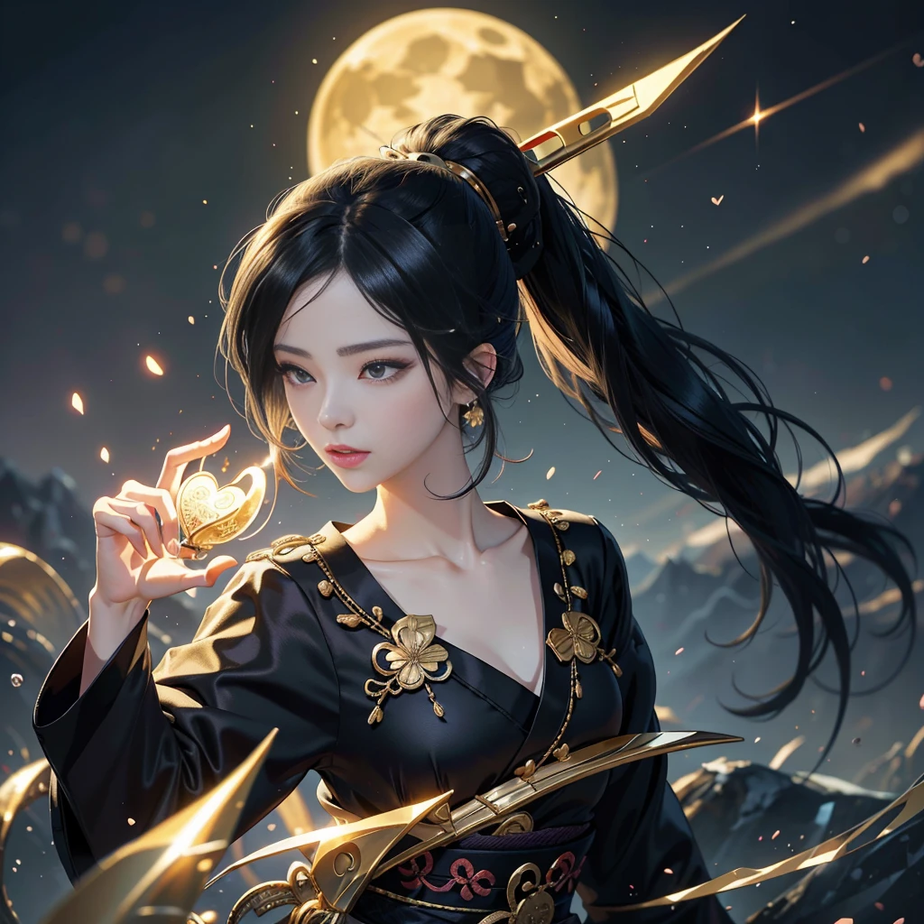 watching at viewers、Ancient capital and moon in the background、poneyTail、Woman with shiny black hair、{{{Luxury kimono(Black kimono(Detailed golden embroidery,))}}}、face perfect,Depict a beautiful and graceful woman of Japan。Heart in the eye。full body Esbian。 Beautiful anime art wallpaper 8k, beautiful fantasy anime, Beautiful anime, Detailed anime artwork.Blur the background with a sickle, nuked,((masutepiece)), ((Best Quality)) 
