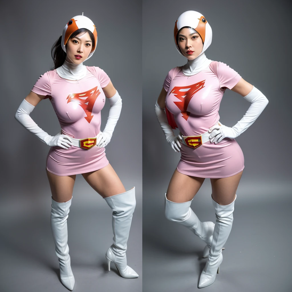 ANI_CLASSIC_jun_gatchaman_ownwaifu,1girl, ,good anatomy, masterpiece, best quality,realistic, hyperrealistic, 16k hdr,breasts,green eyes,lips,large breasts,lipstick,makeup,gloves,cape,helmet,belt,elbow gloves,white gloves,mask,ultra miniskirt,leotard,spacesuit,white tight overknee highheels boots,pink dress,superhero,bodysuit,cleavage,erected nipples,((stand pose,hands on hip)),cameltoe