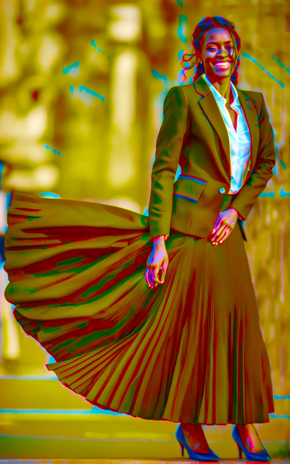 A smiling, authentic, (shy:1,3), kind, beautiful woman, is passionately in love with her skirt, wind wildly lifts her skirt, wearing uniform jacket and very, very detailed (long (fully pleated) full circle skirt) and (low heeled court shoes), very, very intricate hyper-detailed symmetric (attractive graceful young feminine face) with (sad, tired eyes and a loving smile), very voluptuous breasts, full of empathy and compassion and love, (pronounced (feminine) features), (highly detailed ultra accurate realistic) hands and fingers, (windy), epic composition, highly detailed attributes, (35mm f1.4 Kodak portra 400 photograph), extremely high quality RAW photograph, highly detailed atmosphere, sci-fi, cinematic shot, dynamic lighting, 75mm, Technicolor, Panavision, cinemascope, sharp focus, fine details, 8k, HDR, realism, realistic, key visual, film still, superb cinematic color grading, depth of field