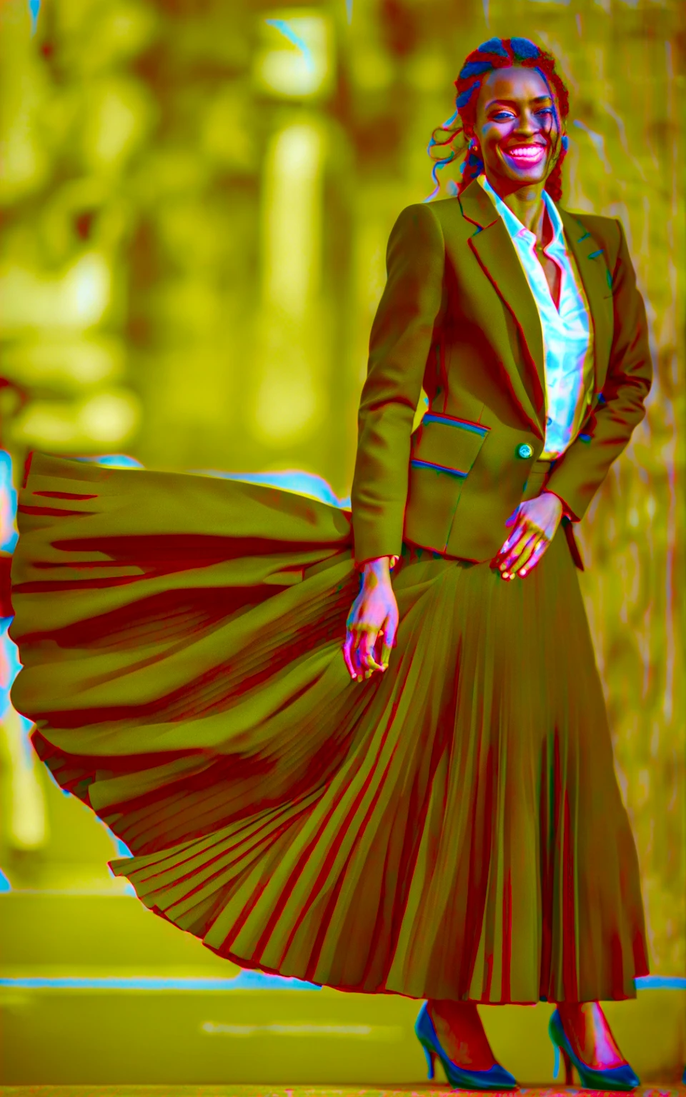 A smiling, authentic, (shy:1,3), kind, beautiful woman, is passionately in love with her skirt, wind wildly lifts her skirt, wearing uniform jacket and very, very detailed (long (fully pleated) full circle skirt) and (low heeled court shoes), very, very intricate hyper-detailed symmetric (attractive graceful young feminine face) with (sad, tired eyes and a loving smile), very voluptuous breasts, full of empathy and compassion and love, (pronounced (feminine) features), (highly detailed ultra accurate realistic) hands and fingers, (windy), epic composition, highly detailed attributes, (35mm f1.4 Kodak portra 400 photograph), extremely high quality RAW photograph, highly detailed atmosphere, sci-fi, cinematic shot, dynamic lighting, 75mm, Technicolor, Panavision, cinemascope, sharp focus, fine details, 8k, HDR, realism, realistic, key visual, film still, superb cinematic color grading, depth of field