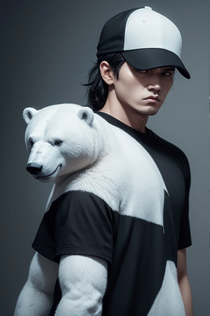 a 3D polar bear wearing black shirt, black cap back, with an angry face