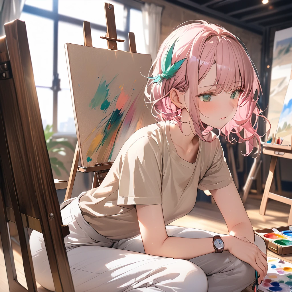 (female): solo, (perfect face), (detailed outfit), (20 years old), cool female, confused, troubled expression, (tilting head, brushing hair aside), light-pink hair, short hair, wolf cut hair, green eyes, pale skin, medium chest_circumference, (beige business shirt), (white pants), (feather hair ornament), (wristwatch), (briefcase)

(background): from front, indoor, atelier, (canvas), (paints), (brush), (easel), afternoon, (cloudy)

(effects): (masterpiece), (best quality), (sharp focus), (depth of field), (high res)