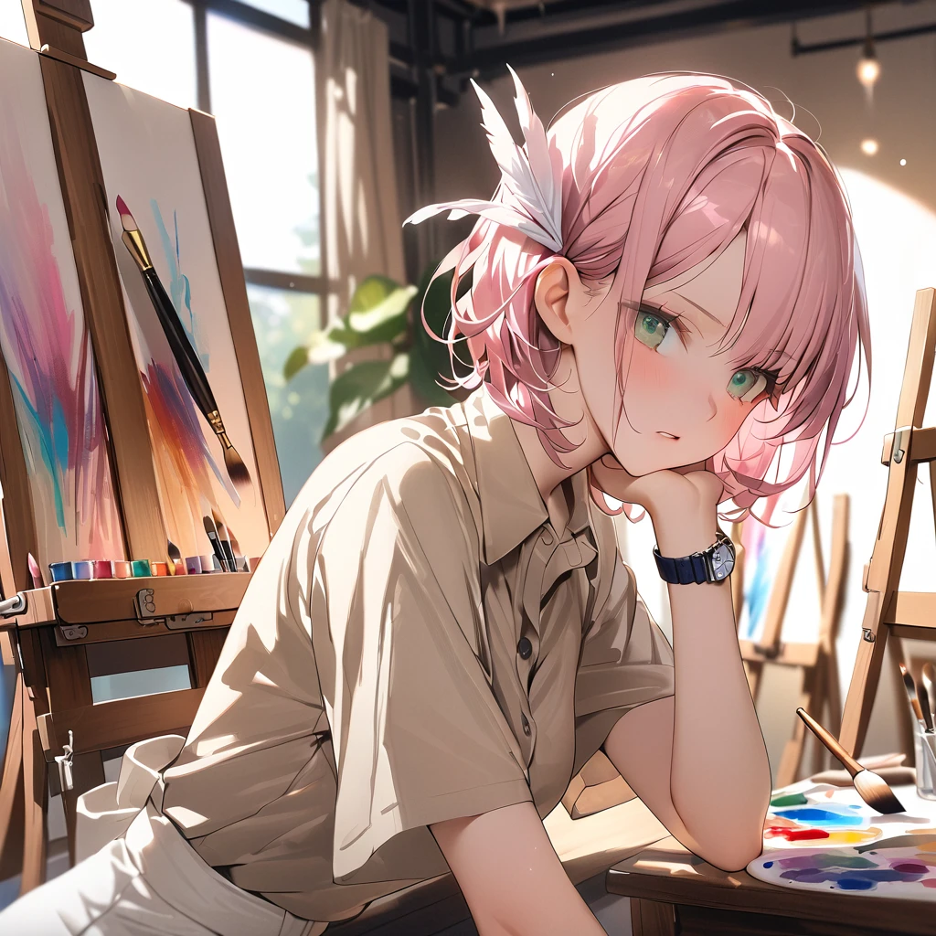 (female): solo, (perfect face), (detailed outfit), (20 years old), cool female, confused, troubled expression, (tilting head, brushing hair aside), light-pink hair, short hair, wolf cut hair, green eyes, pale skin, medium chest_circumference, (beige business shirt), (white pants), (feather hair ornament), (wristwatch), (briefcase)

(background): from front, indoor, atelier, (canvas), (paints), (brush), (easel), afternoon, (cloudy)

(effects): (masterpiece), (best quality), (sharp focus), (depth of field), (high res)