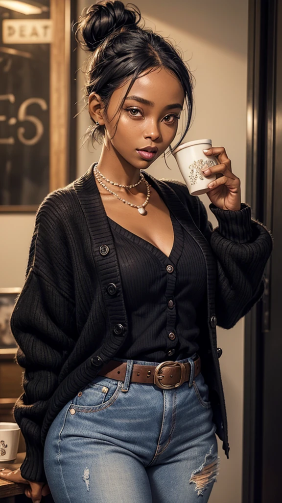 black skin woman, short eyes, button nose, , black cardigan, western belt, jeans, cup B, thick lips, , 34 ages, put her hair up in a bun, pearl neckless, hollow cheeks, wide set eyes, small hip