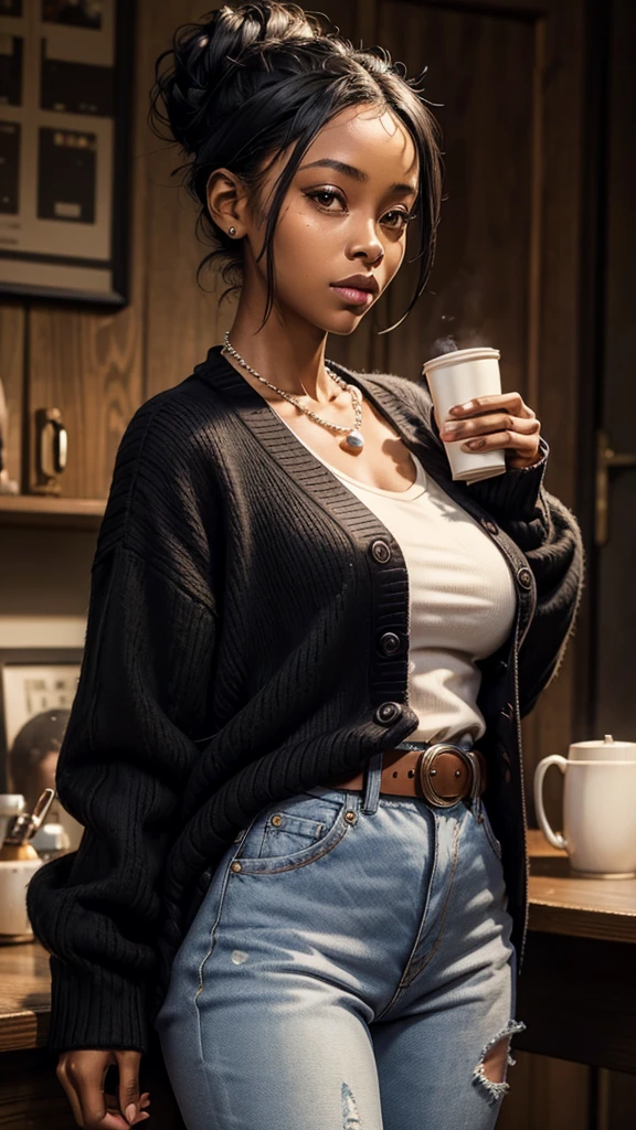 black skin woman, short eyes, button nose, , black cardigan, western belt, jeans, cup B, thick lips, , 34 ages, put her hair up in a bun, pearl neckless, hollow cheeks, wide set eyes, small hip