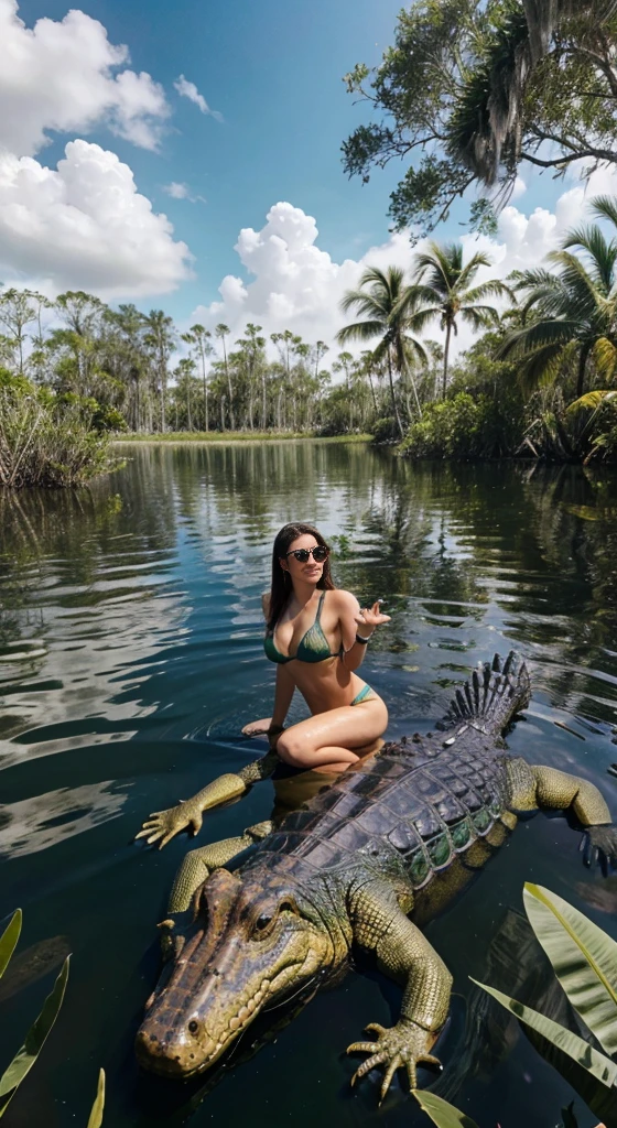 giant ultra real looking alligator in the everglades lying in water , attractive outdoor american young woman with swimming wear behind it holding the alligator, ultra-realistic snapchat influencer photo