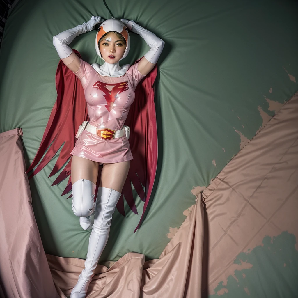 ANI_CLASSIC_jun_gatchaman_ownwaifu,1girl, ,good anatomy, masterpiece, best quality,realistic, hyperrealistic, 16k hdr, long hair,breasts,green eyes,lips,large breasts,lipstick,makeup,gloves,cape,helmet,belt,elbow gloves,white gloves,mask,ultra miniskirt,leotard,spacesuit,white tight overknee highheels boots,pink dress,superhero,bodysuit,cleavage,erected nipples,(lying flat poses, view from above),cameltoe