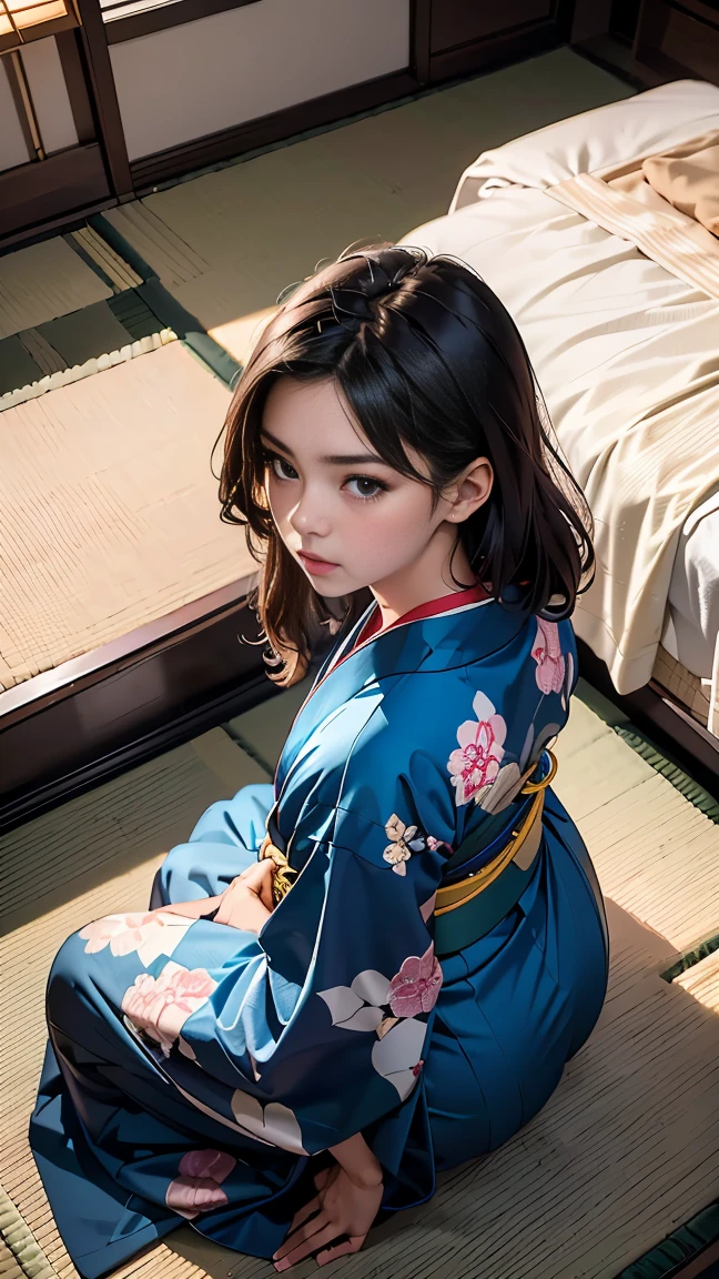 ((最high quality, 8K, masterpiece: 1.3, Ultra HD, high quality, 最high quality, High resolution, realism)) 、A stunningly beautiful 18-year-old Japanese woman, in blue kimono, beautiful, masterpiece, japanese room,sitting on a white futon bed, serious face, pov from above