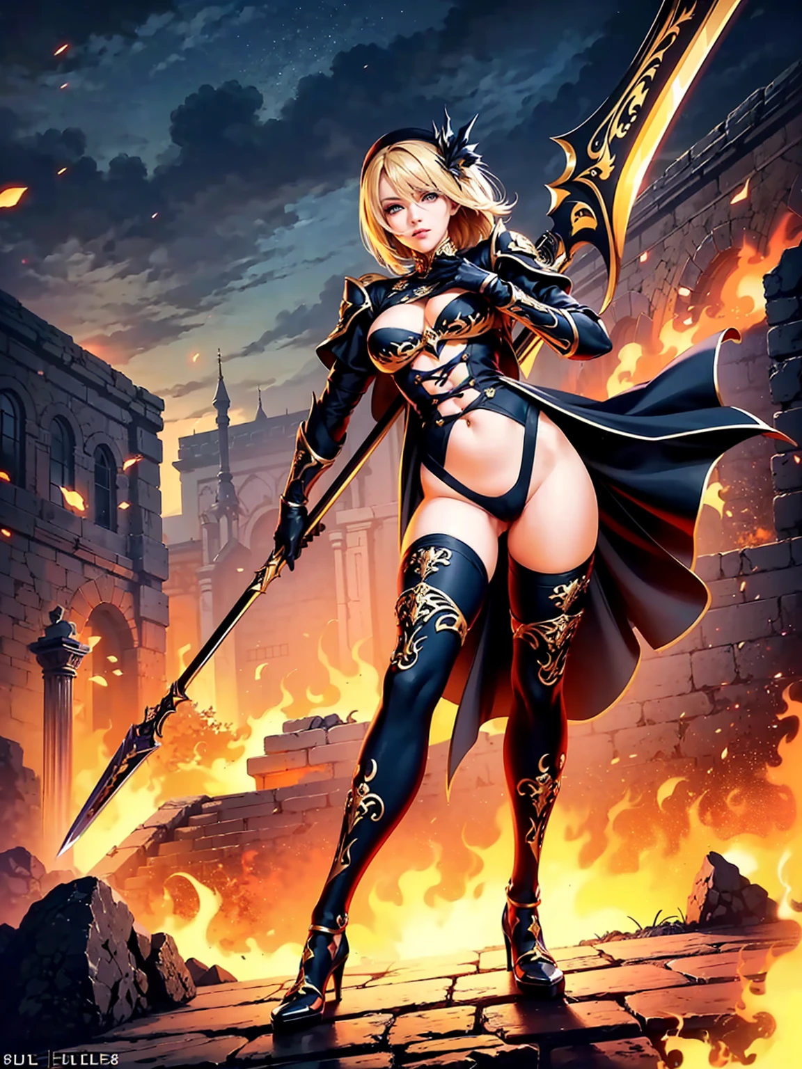 (((masterpiece, best quality, high detailed, 8k))) Design a layout showcase Gaming character, (1girl). Black|Gold clothes, stylish and unique. ((showcase weapon:1.4)), dark scythe. (masterpiece:1.2), (best quality), 4k, ultra-detailed. (Step by step design, layout art:1.5), (luminous lighting, atmospheric lighting). necromancer, ((glove full hands)), (((revealing clothes:1.3))), vambraces, armored legwear, (((full_body_shot:1.4))). {In a haunted graveyard}.
