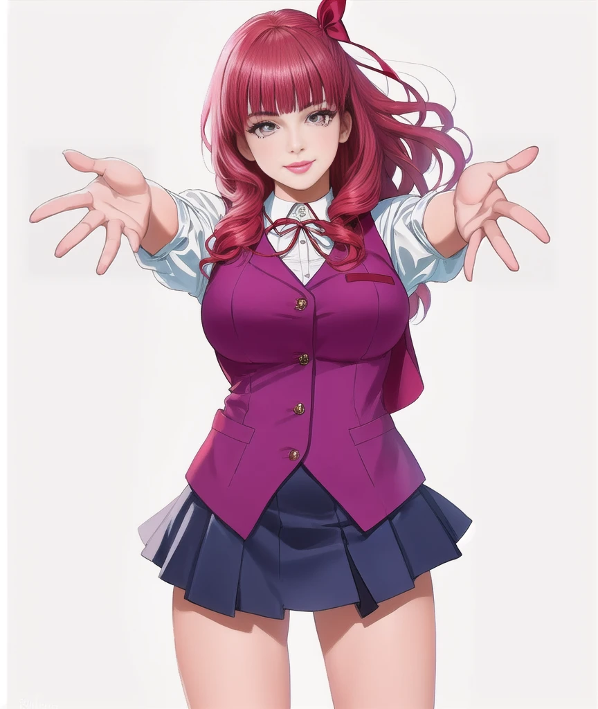 1girl, red hair girl, long hair,blunt bangs, white  eyes, smiling, reaching out hand,  purple vest, navy blue skirt, detailed eyes, detailed lips, photorealistic, highly detailed, intricate details, studio lighting, beautiful colors, warm lighting, dynamic pose, cinematic, elegant, graceful, pink hair ribbon fate body 