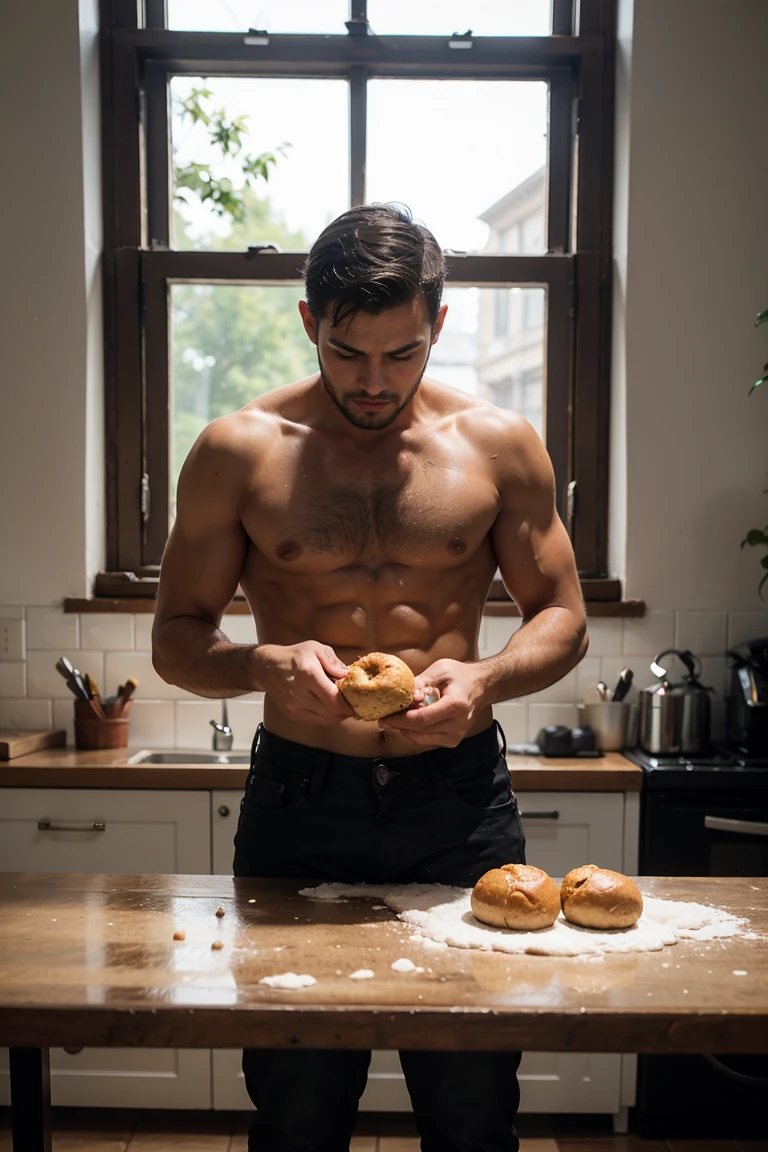 Real image of a latin model man with short black hair athletic body, short beard, no shirt, Jean Pants, kneading a dough on a table with flour. Natural window light.