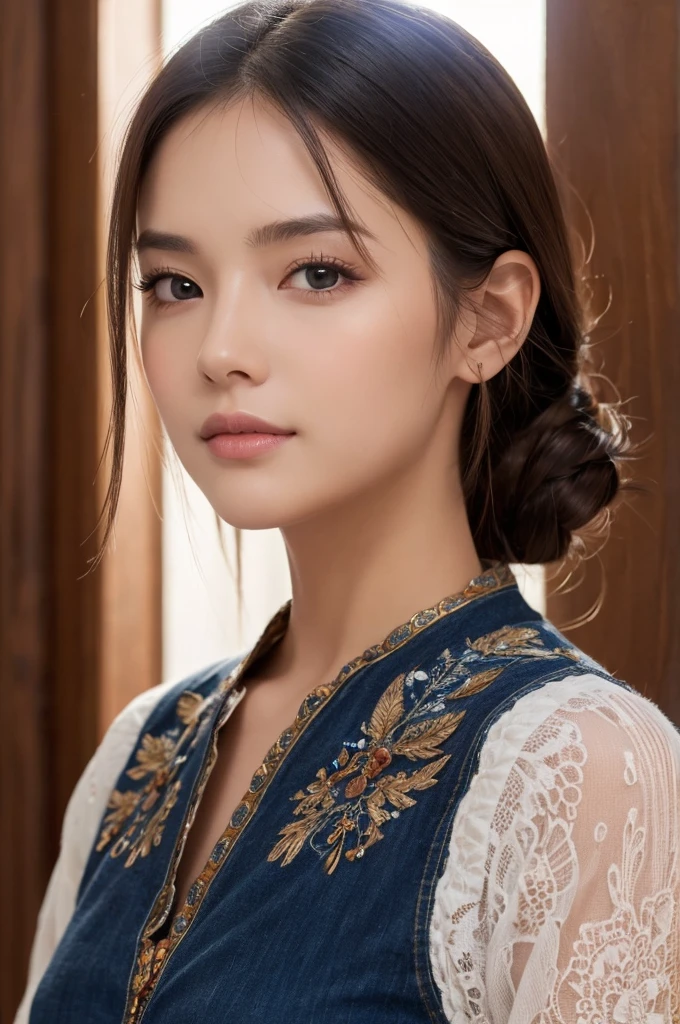 A stunning digital portrait of a mysterious woman with flowing ebony locks cascading down her back, adorned in a crisp white blouse and accessorized with a rustic brown belt and delicate necklace.